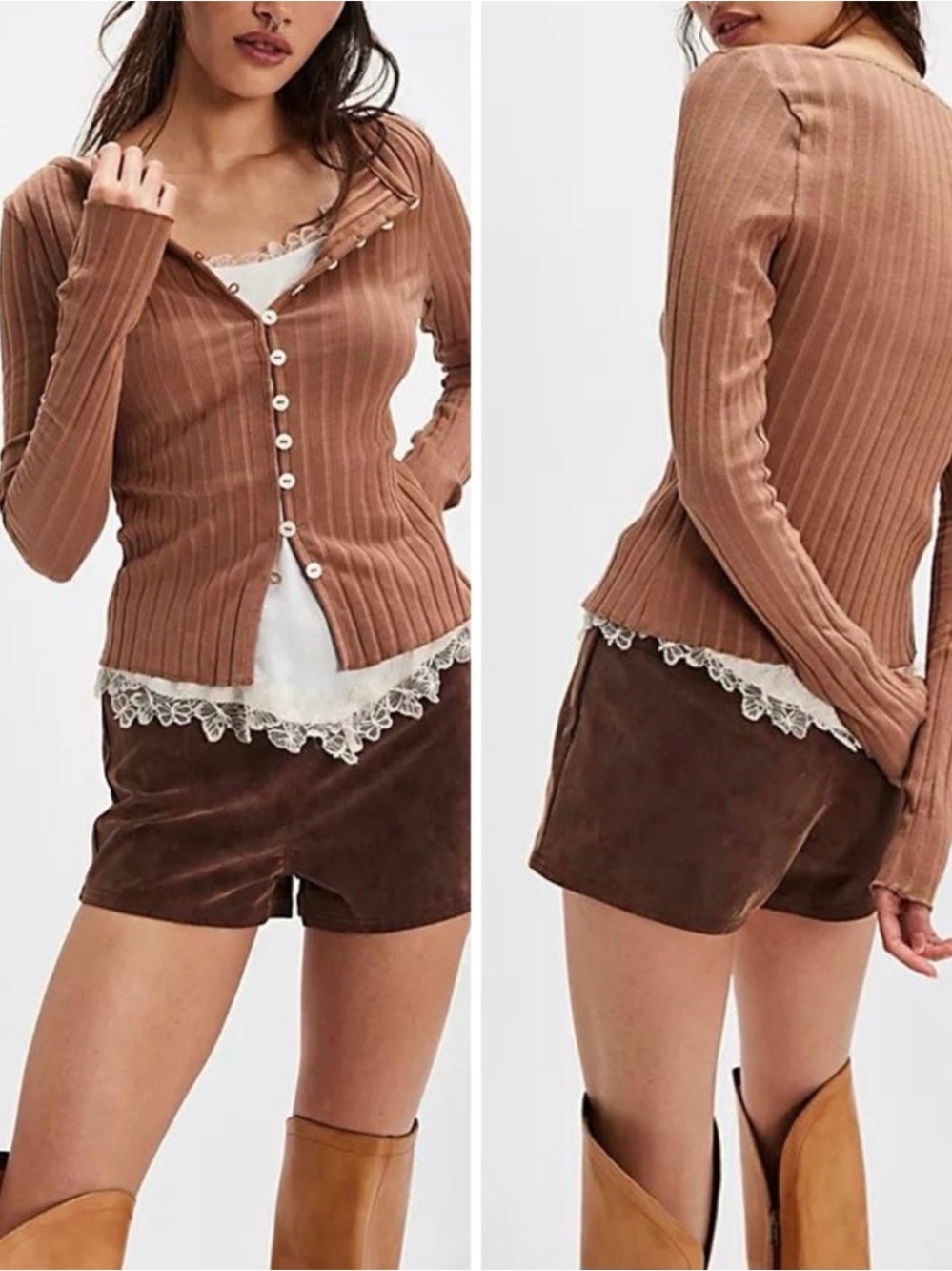 Free People Tilly Long-Sleeve Cardi Otter Brown Medium Ribbed Button